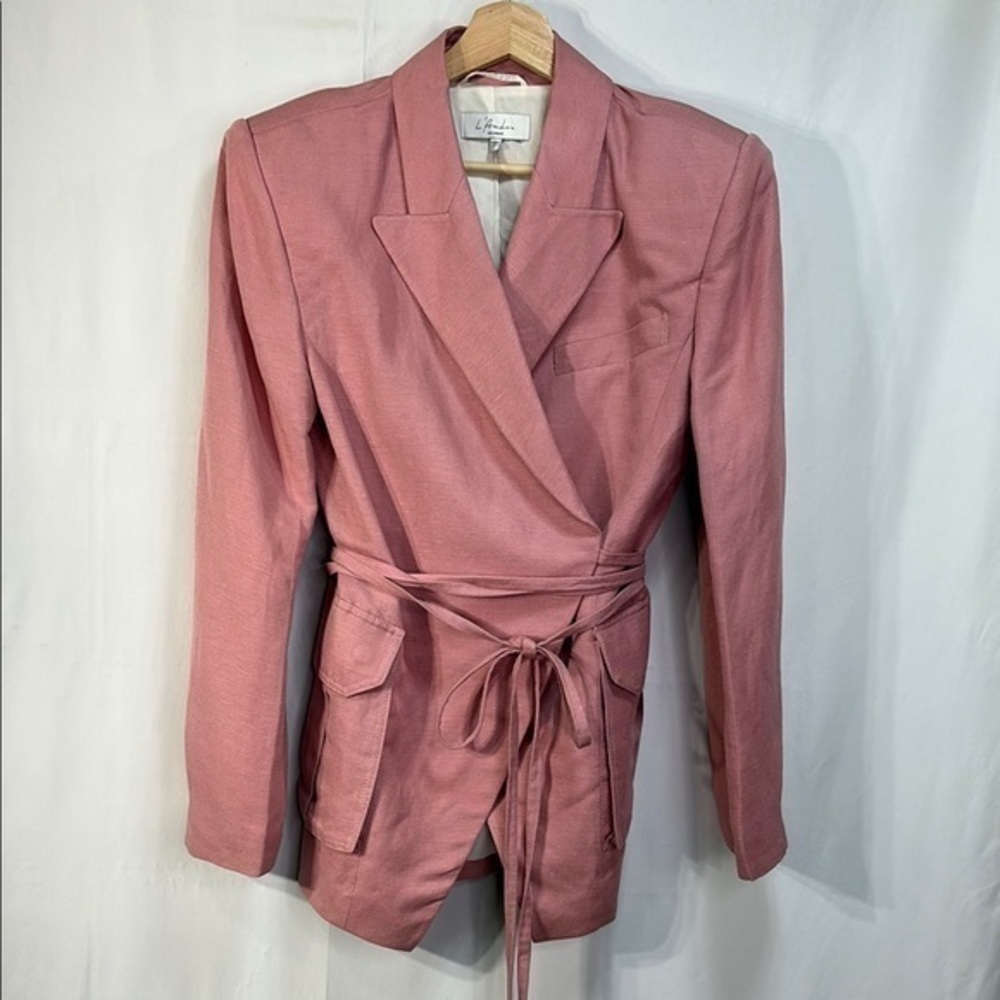 🧇 NWOT L'Academie Pink linen Wrap Blazer with Tailored Fit oversized shoulders